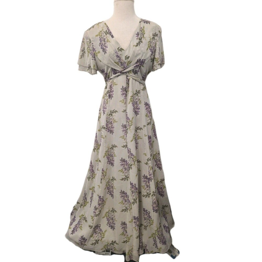 Floral V-Neck Maxi Dress in Light Gray with Purple Floral Print